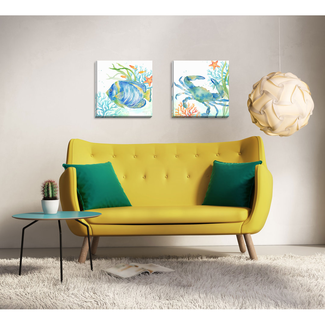 Lovely 'Tropical Fish and Crab Underwater' 2 Piece Watercolor Painting Print Set Highland Dunes