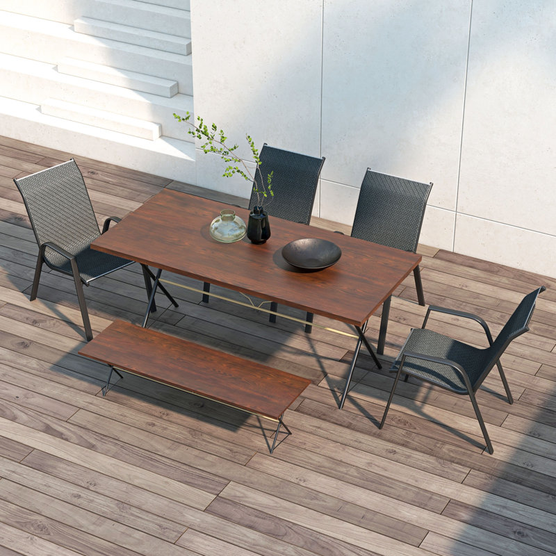 Ensemble repas en rotin pour 4 personnes avec trou pour parasol, coussins, teck
