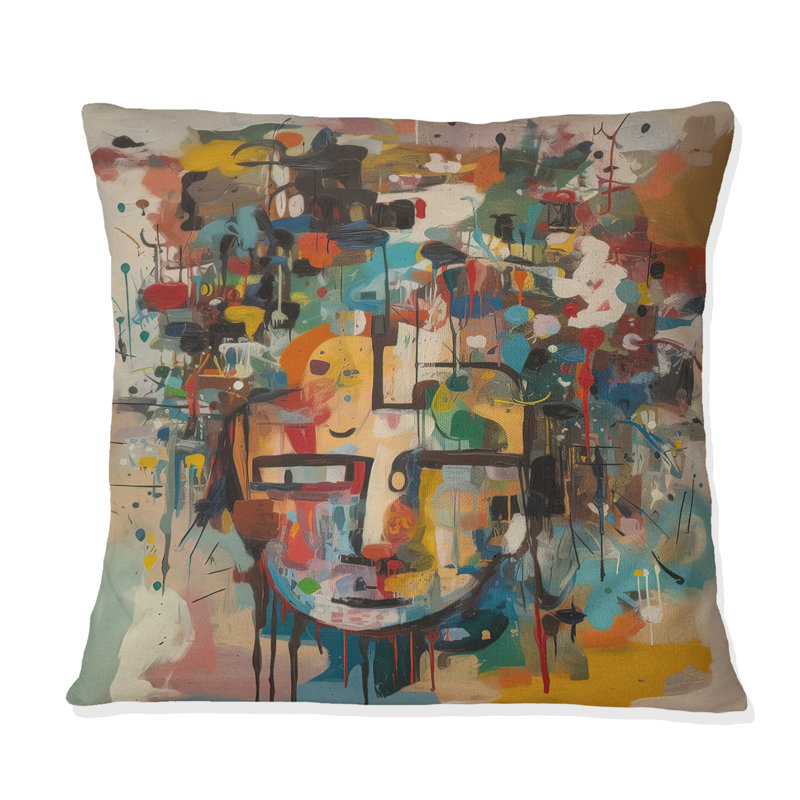 Portrait abstrait II - Coussin abstrait à encre liquide, H 16 po x l 16 po, Carré