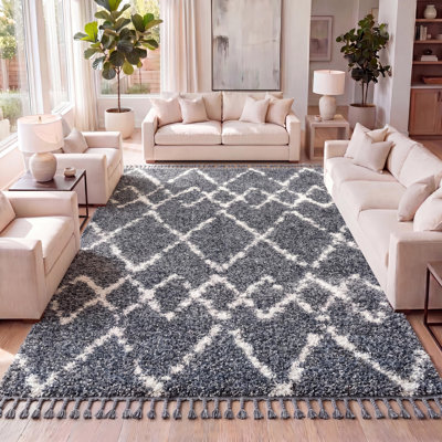 Cantera Shag Plush Tassel Moroccan Tribal Geometric Trellis Blue/Cream Rug