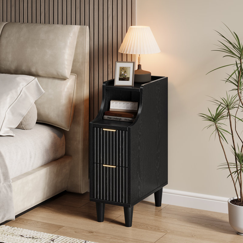 7.87" Fluted Nightstands with 2 Drawers & Storage, Narrow Bedside Table for Bedroom Living Room Sofa Office, Black