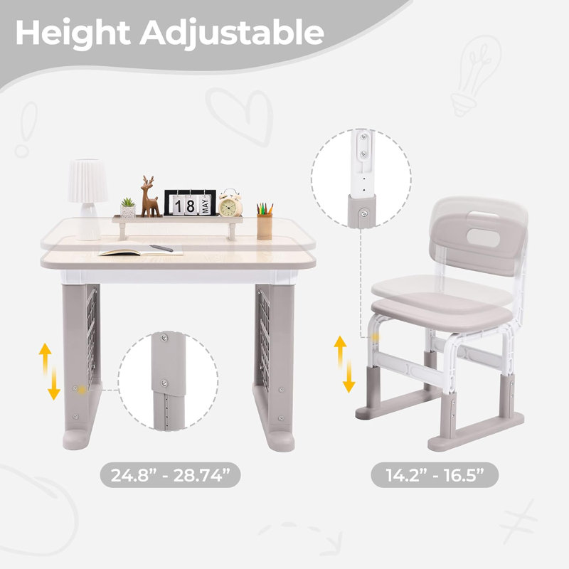 Kids Desk and Chair Set, Multi-Activity Children Study Table and Chair Set with Bookshelf for Home/Classrom, Height Adjustable, Graffiti Desktop, Removable Storage Rack for Toddler Ages 3-12