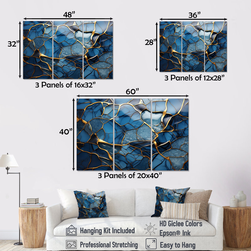 «Gold and Blue Marble Mosaic Agate III», reproduction d'art murale abstraite, H 28 po x l 36 po x P 1 po, Toile tendue