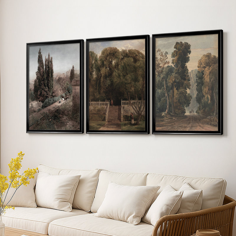 Paysage rétro Cxxxx - Toile tendue avec châssis sur mesure - 3 pièces, H 15 po x l 19 po, Noir
