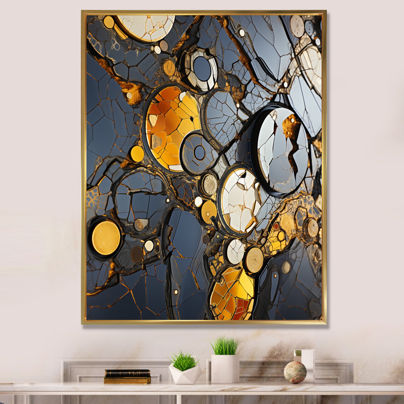 Marbre jaune et élégance I - art mural géométrique, Cadre flottant doré, H 32 po x l 24 po x P 1 po