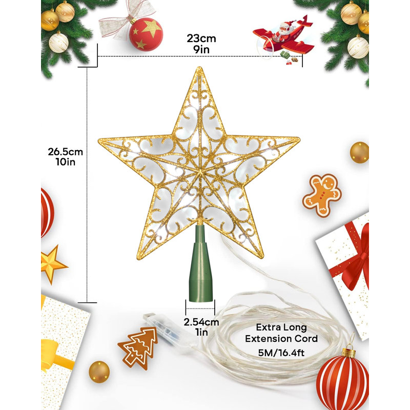 Gold Glitter 9-Inch Star Christmas Tree Topper with Smart Light