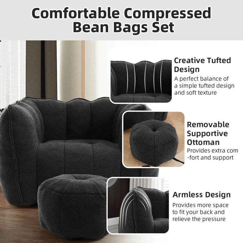 Compressed Sofa Chair Breathable Fabric Bean Bag Chair With Removable Ottoman,Living Room Sofa Chair, Black Cotton/Chenille
