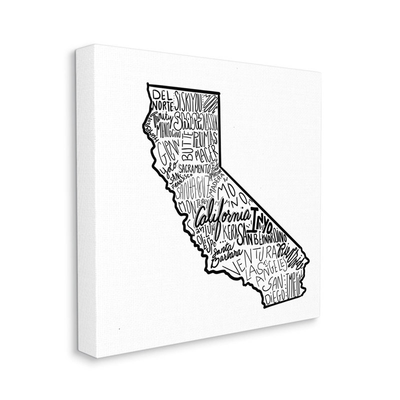 «California State Cities Typographie Map», art textuel sur toile tendue, H 36 po x l 36 po x P 1,5 po