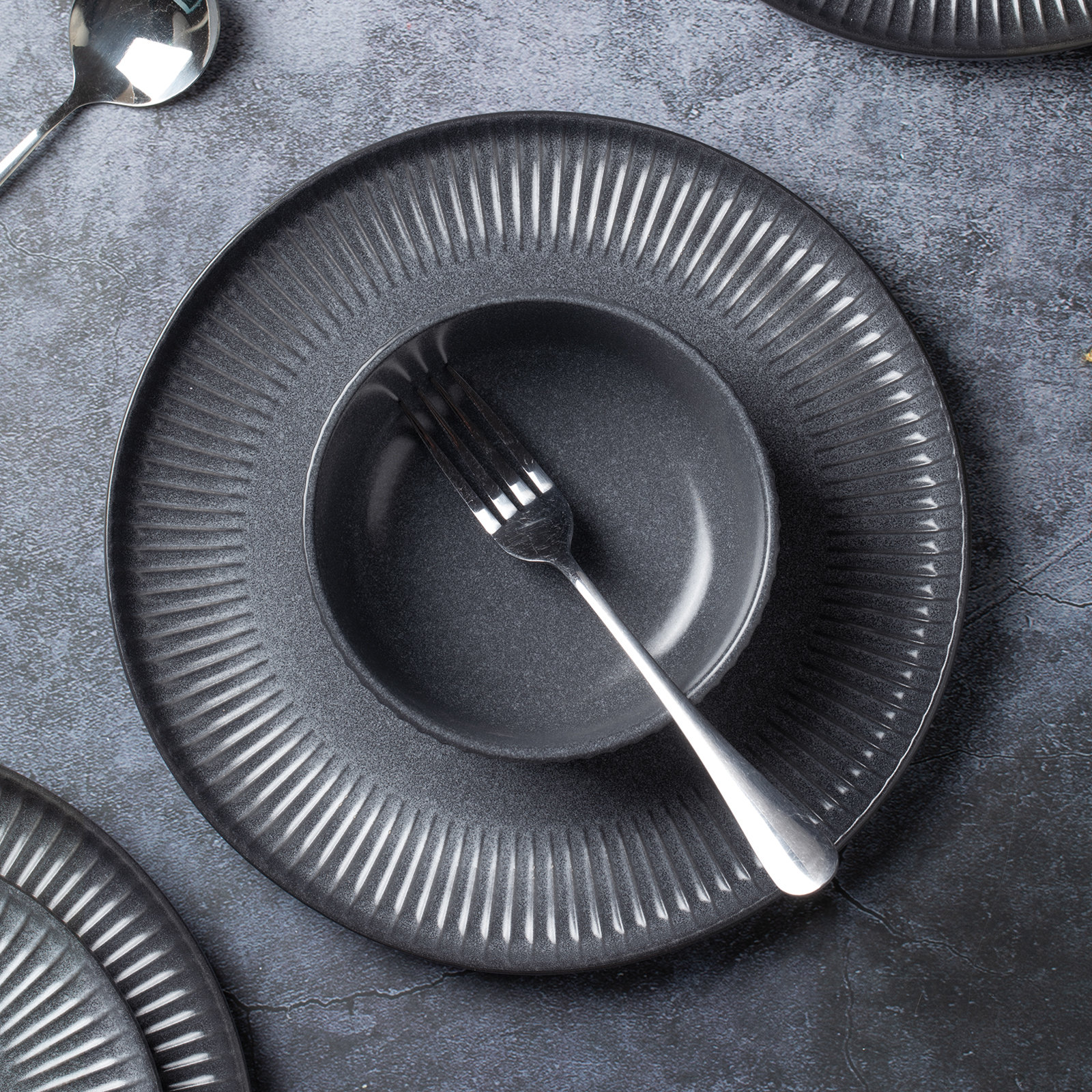Stoneware Dinnerware Set, Matte Black Gray