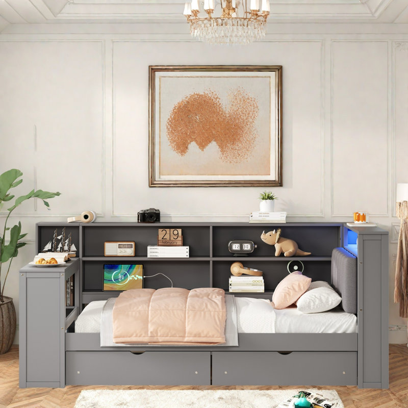 Wood Daybed With Storage Shelves, 2 Drawers, Charging Station, Led, Desk And Upholstered Headboard, Gray, Twin