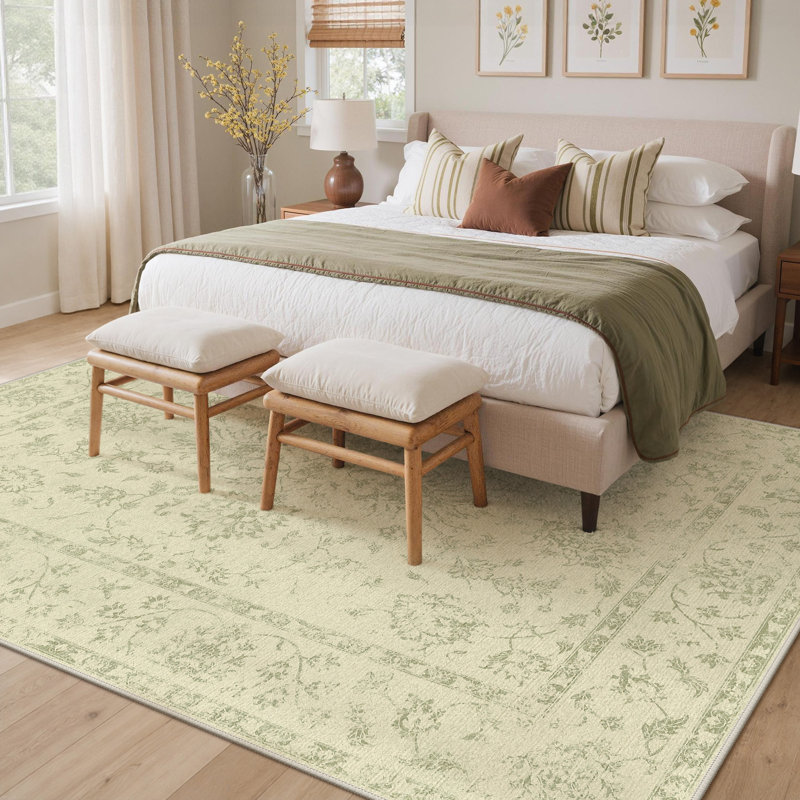 Tapis oriental décoratif à motif floral lavable à la machine Botanical Modern, Rectangle 6 pi x 9 pi