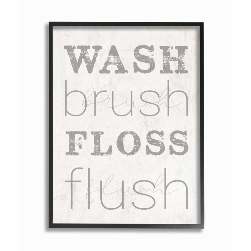 «Wash Brush Floss Flush Panoramic», reproduction d'art textuel sur toile, H 14 po x l 11 po, Giclée encadrée noir minuit