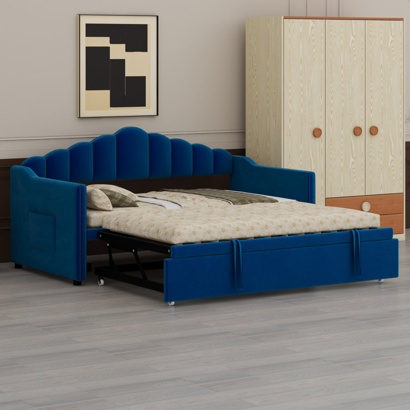 Upholstered Daybed With Adjustable Height Pop Up Trundle Bed And USB & Type-C Charging Port, Day Bed Frame With 2 Side Pockets