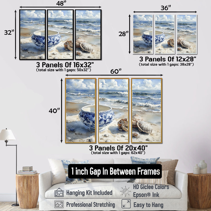 «Beach Pottery in Blue and White Tones III», ensemble de reproductions d'art mural, H 28 po x l 36 po x P 1 po