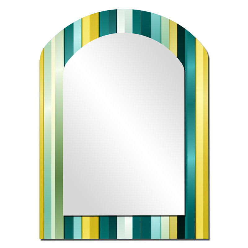 Green And Yellow Stripes Harmony - Striped Arch Decorative Mirror, Modern Asymmetrical Wall Mirror, Printed Metal Art