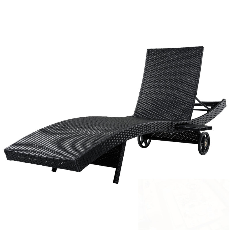 Ensemble de 2 chaises longues en osier de patio avec roulettes et table d'appoint, Noir