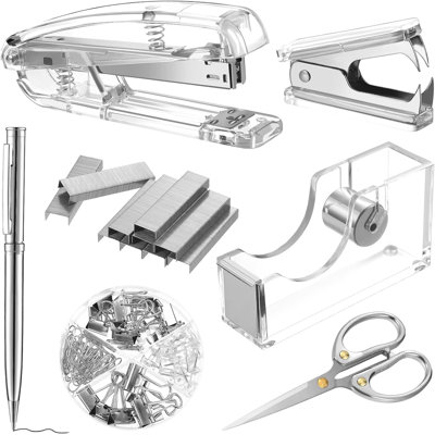 Office Supplies Set Desk Accessory Kit, Acrylic Stapler Set Staple Remover, Tape Dispenser, Binder Clips, Paper Clips, Ballpoint Pen and Scissor with 1000 Pieces