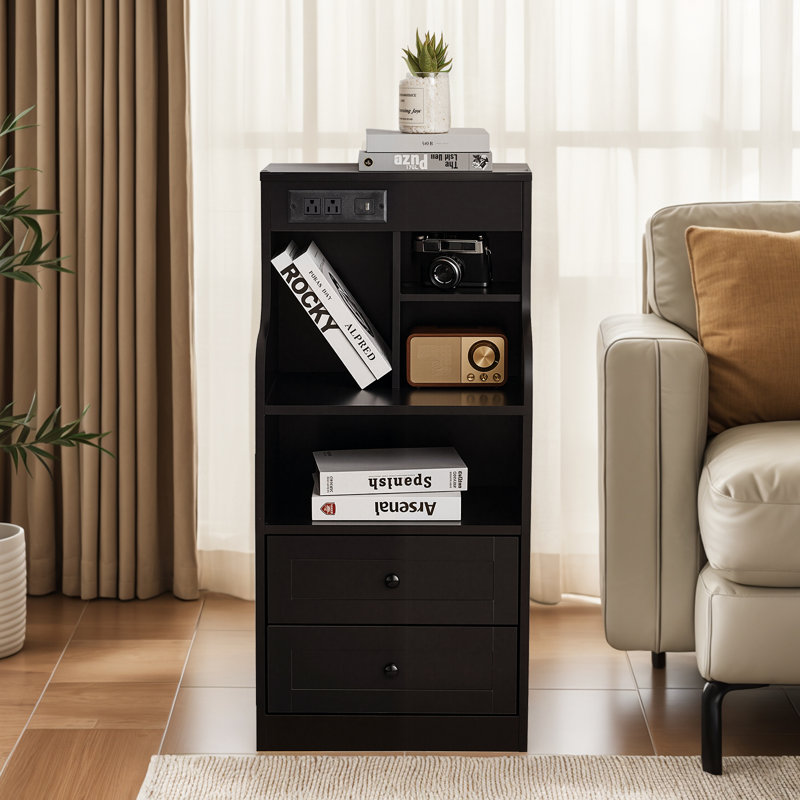 Tall Nightstand With Charging Station And LED Lighting, 2 Drawers, Black