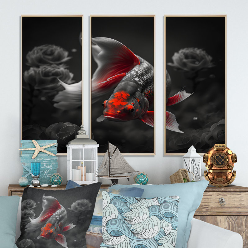 «Black and Red Tropical Fish IV», reproduction sur toile 3 pièces, H 20 po x l 36 po x P 1 po