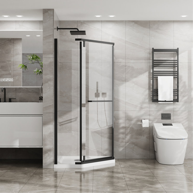 Neo-Angle Frameless Shower Door 36 In.D X 36 In.W X 72 In.H Corner Shower Enclosure With Clear SGCC Tempered Glass Pivot Shower Door In Matte Black Finish