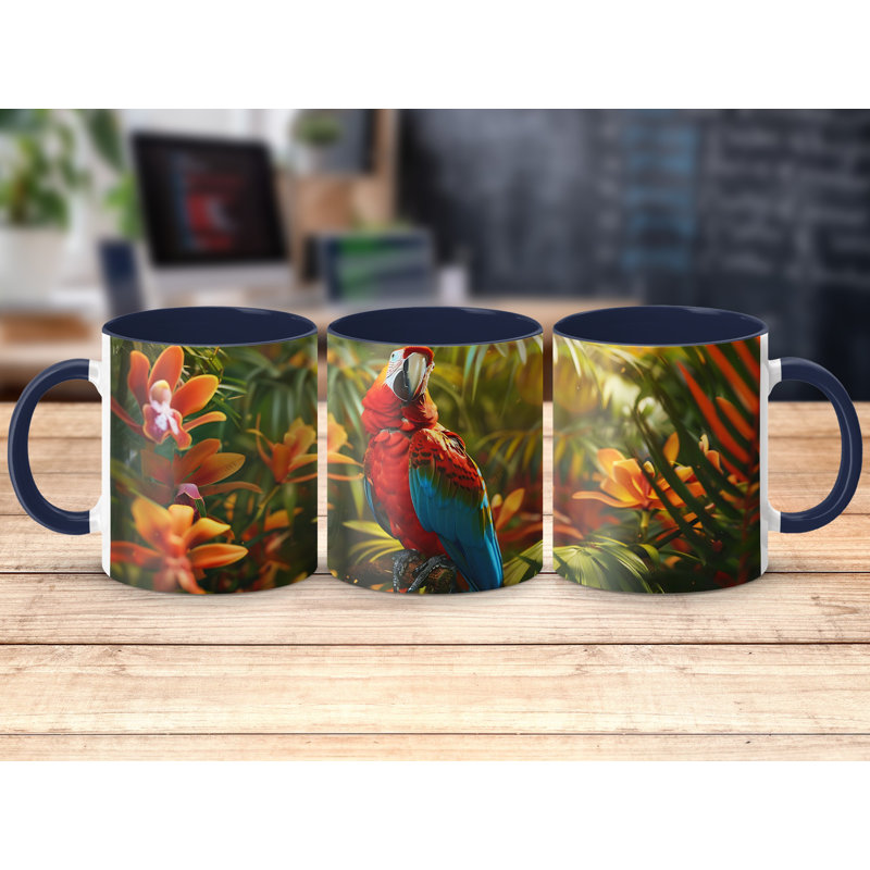 Realistic Animal Design 11oz Accent Mugs – Ceramic Coffee Cup with a Navy Handle and Interior