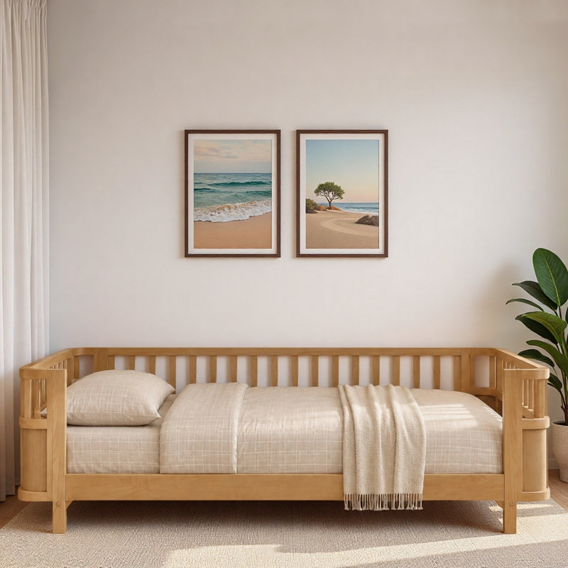 Lit pour enfant à profil bas avec coin arrondi lisse et support en lattes de bois, Twin, Natural