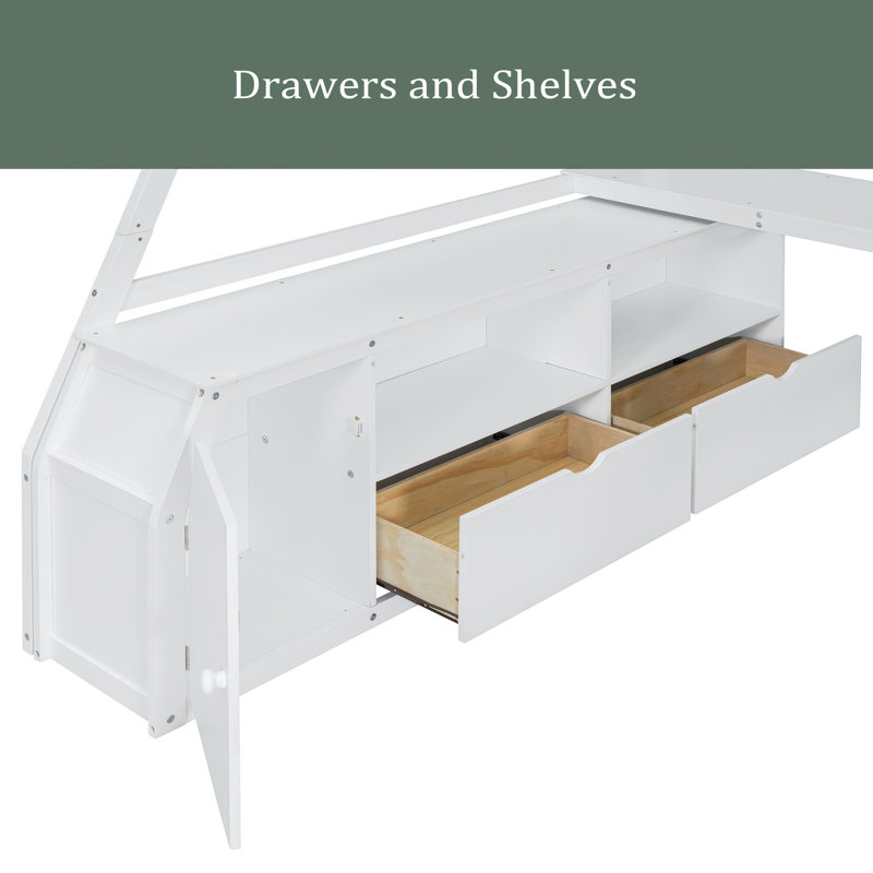 Lit mezzanine double avec 7 tiroirs, 2 tablettes et un bureau, Blanc