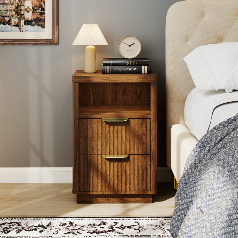 COCO DESIGN 2-Drawer Manufactured Wood Nightstands with Storage and Built-in Outlets, Brown, Brown