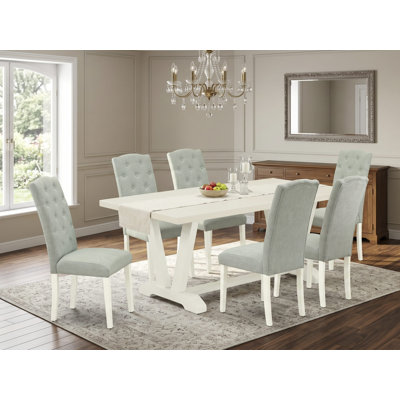 L'ensemble de 7 pièces comprend une table et 6 chaises de salle à manger Parson en tissu bleu lin avec dossier capitonné - Lin brossé blanc.