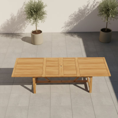 Whately 13-Piece Outdoor Rectangular Extendable Dining Table And Armchairs Set | Teak Finish | Ideal For Patio, Light Brown Table