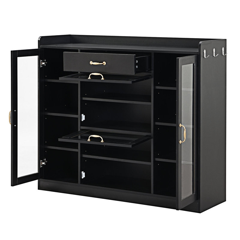 Armoire moderniste avec 4 portes en verre et 3 crochets, Noir