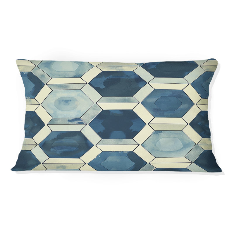 Coussin lombaire Mid-Century à imprimé hexagonal bleu et beige Midcentury