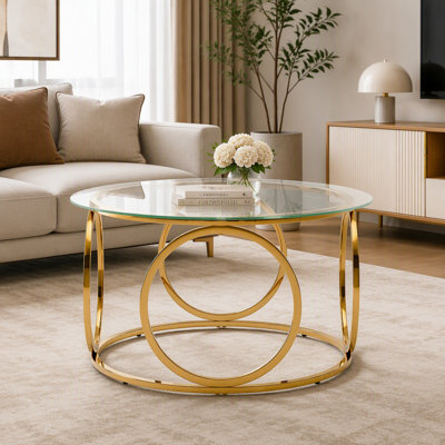 Table basse ronde moderne en verre de 80 cm (31,5 po), structure circulaire en métal poli, table d'appoint contemporaine, table centrale pour salon, bureau et coin détente