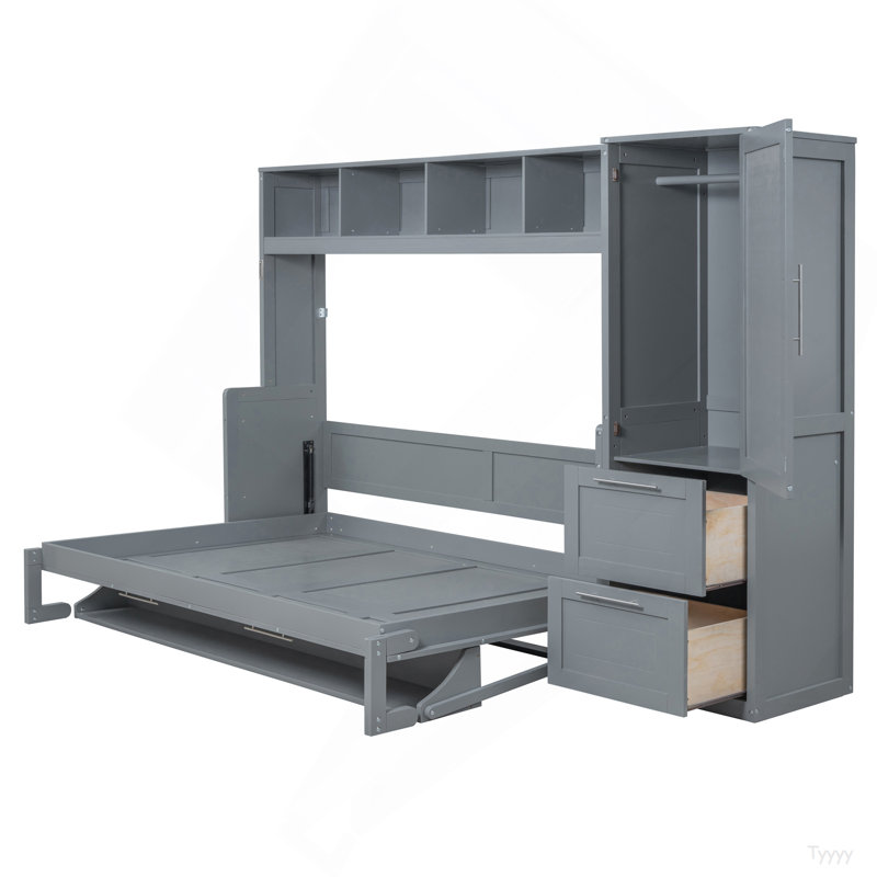 Lit escamotable double pleine grandeur avec placard et tiroirs, gris