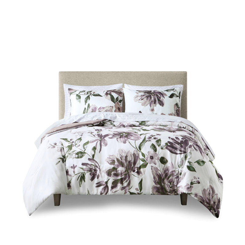 Drap simple édredon avec taille et taies décoratives taupe mauve, Motif floral taupe