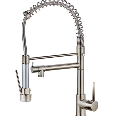 Robinet de cuisine moderne avec robinet escamotable, finition nickel brossé, poignée simple, robinet en céramique rempli d'eau chaude et froide, nickel, laiton, option de poignée
