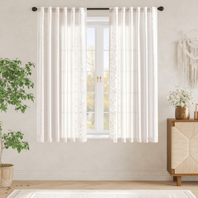 Linen Blended Semi Sheer Embroidered Floral Curtains