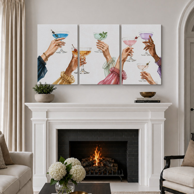«Elegant Cocktail Toast Hands», images de salle à manger, impression sur toile encadrée, 3 pièces, 24" H x 48" W x 1.5" D