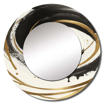 Perlena Black And Gold Curves III - Abstract Spirals Large Mirror, Black Round Decorative Wall Mirror, Printed Metal Art