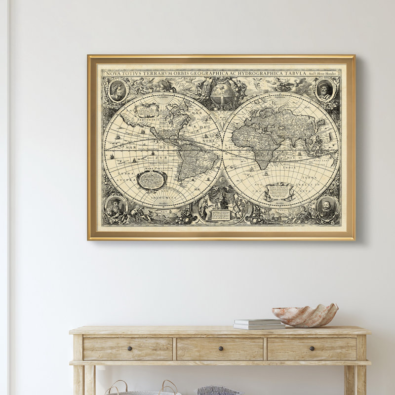 Carte du monde rétro - reproduction de cadre photo, H 22,5 po x l 30,5 po x P 1,5 po, Doré