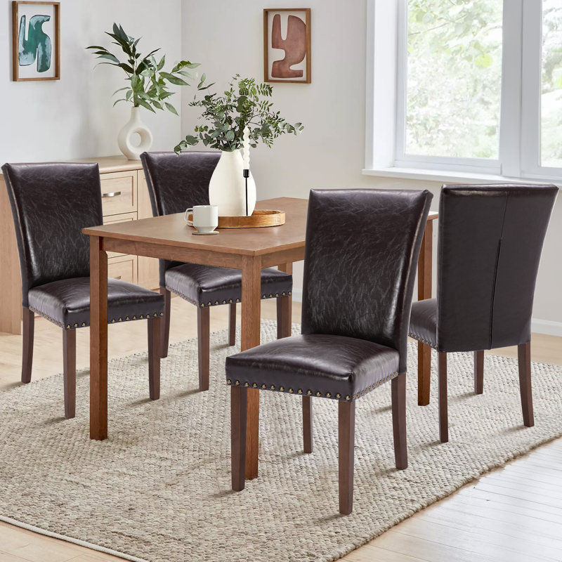 Nailhead Trim Leather Upholstered Side Chair Wood Dining Chair (Set of 4), Dark Brown