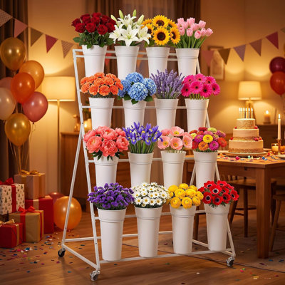 4 Tier Flower Display Stand, Flower Cart Stand with 16 Buckets
