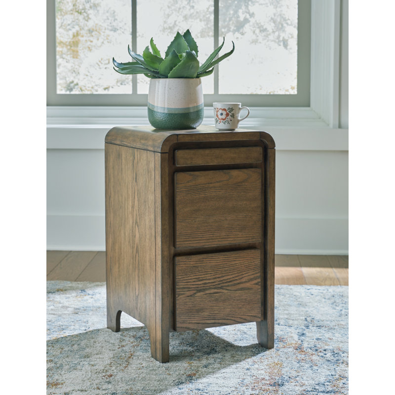 Light Brown Wood Rectangular End Table with Storage and USB Ports