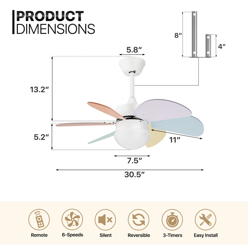 Ceiling Fan with LED Lights, White, Light Purple/Light Orange/Light Blue