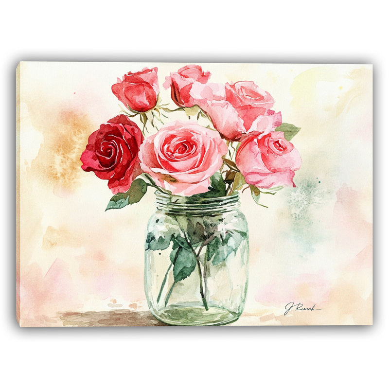 Roses dans un pot Mason - Art mural aquarelle sur toile, H 16 po x l 24 po
