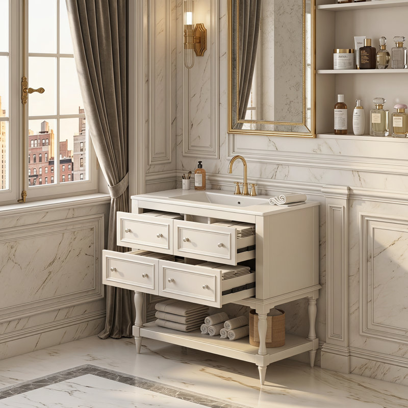 Ensemble de meuble-lavabo 36 po avec lavabo, lavabo en céramique encastré, ensemble de meuble-lavabo autoportant avec 4 tiroirs, armoire de salle de bain avec cadre en bois massif, beige