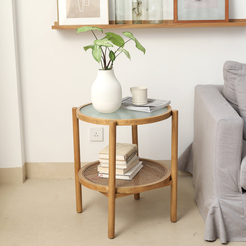 Charie Boho Glass Rattan Wood Round Storage Side End Table