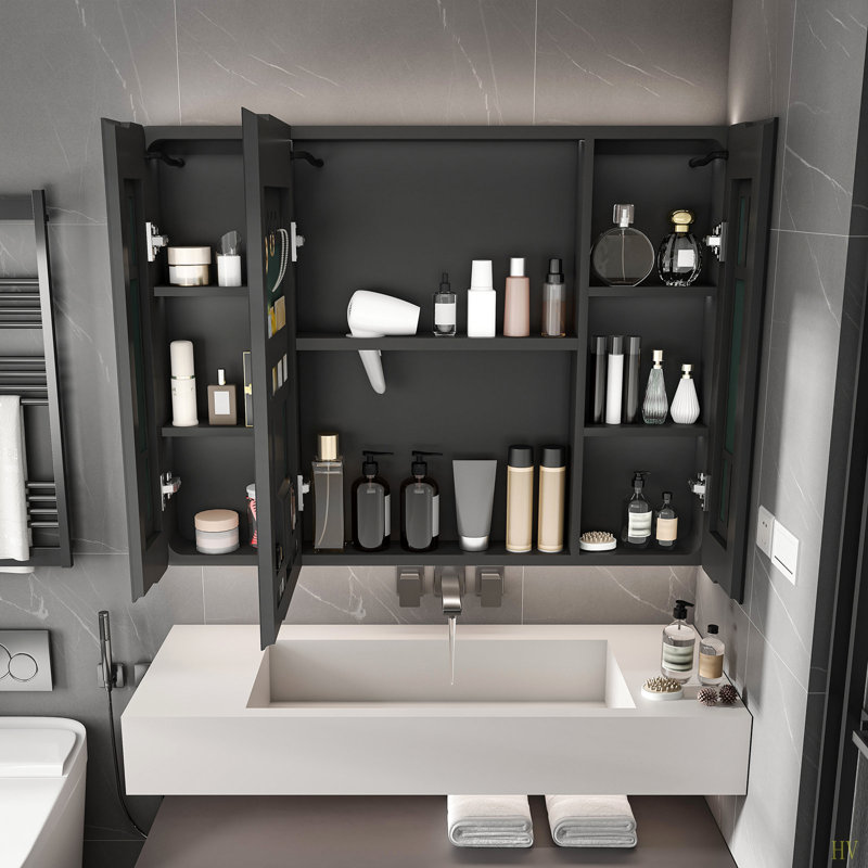 Aluminium Medicine Cabinet Mirror, 35 X 28 Inches Medicine Cabinet With 3 Colors LED Light And Defogging Function, Bathroom Mirror Cabinet With Cosmetic Storage Rack And Hair Dryer Holder