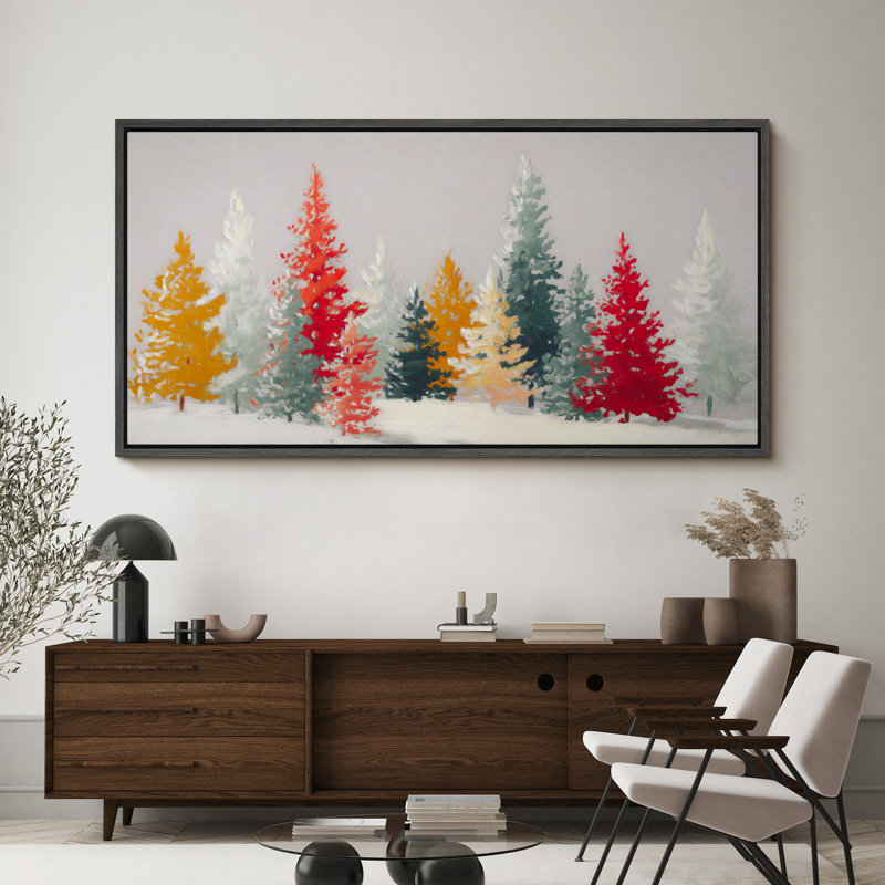 «Christmas Holiday Celebration Colorful Snowy Pine Forest», très grande image, impression sur toile encadrée, Noir