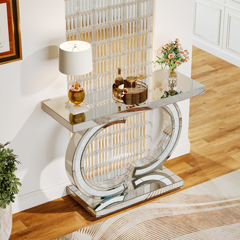 39-Inch Mirrored Console Table, Modern Glass Silver Entryway Table, Silver